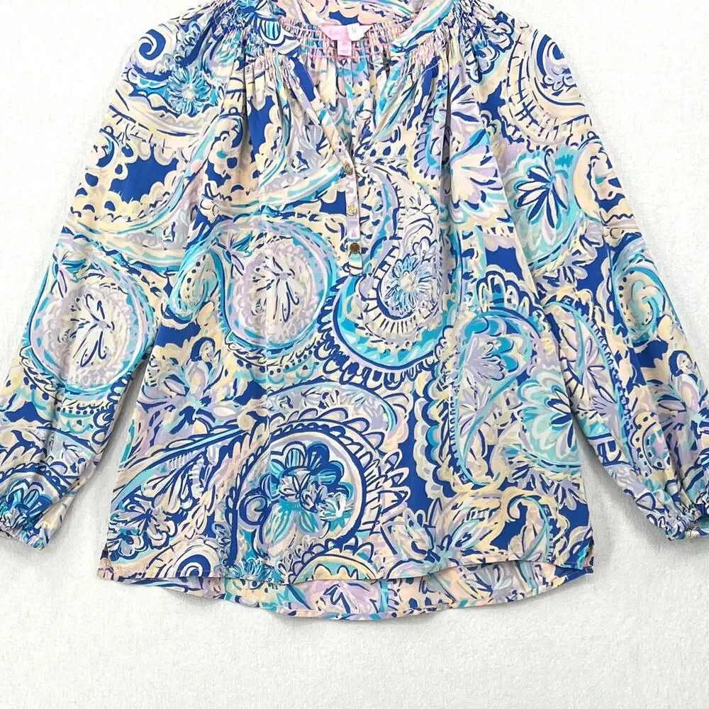 LILLY PULITZER Elsa Printed Silk Blouse Womens XS Blue Pink Long Sleeve Top FLAW - Picture 4 of 12